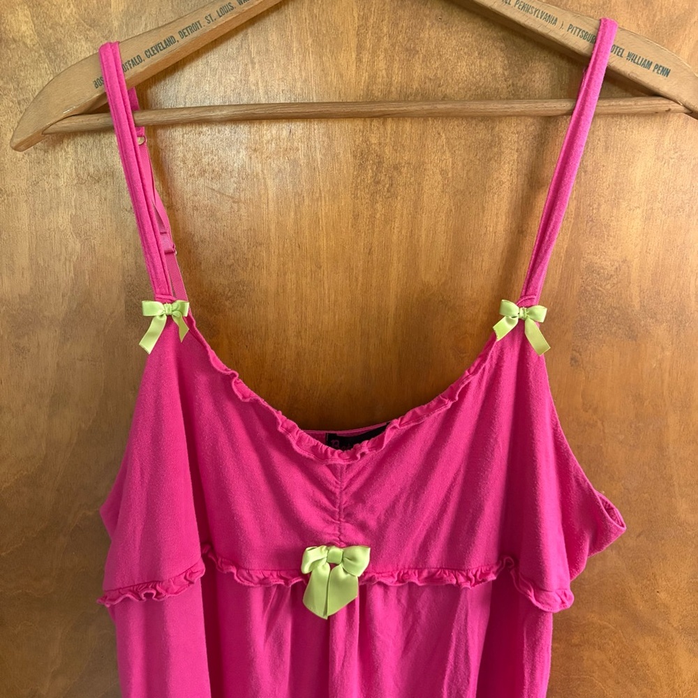 Betsey Johnson Betseyville Barbie Pink Babydoll Slip Dress Green Bow XL Y2K Goth - Picture 3 of 14